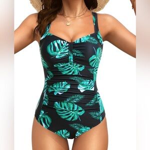 #S21 - Tropical Leaf Print One-Piece Swimsuit - Medium
